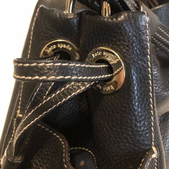 Kate Spade Drawstring Hobo Bag Black Pebbled Leather White Stitching - Picture 6 of 11